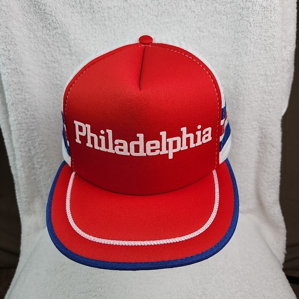 VTG Philadelphia Truckers Hat Cap Red White 3 Stripe Snapback Mesh 1980s